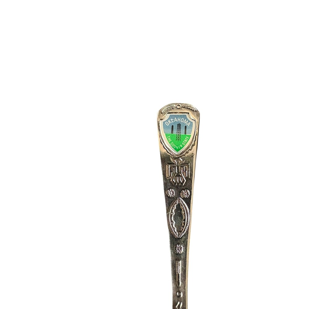 Oklahoma Souvenir Spoon Enamel Shield Sooner State Silver Tone 4" Vintage Style - Picture 4 of 5